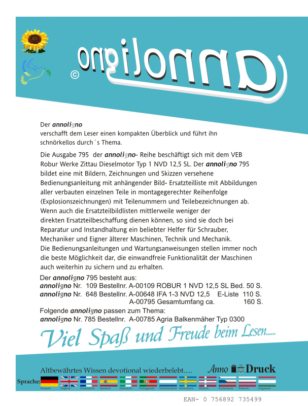 ROBUR Werke Zittau Diesel Motor Typ 1 NVD 12,5 SL  Bild- Bedienungsanleitung & Bild- Ersatzteilliste & Explosionszeichnungen  - annoligno 795